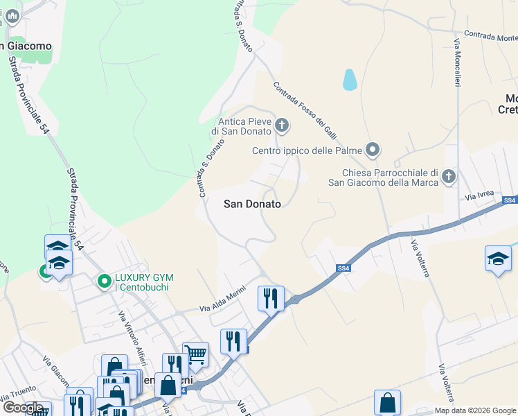 map of restaurants, bars, coffee shops, grocery stores, and more near 59 Contrada San Donato in San Donato