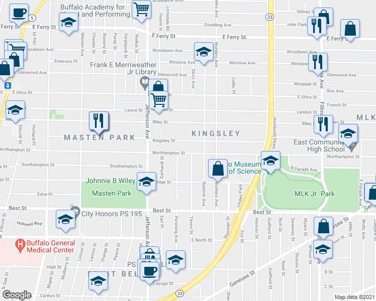 map of restaurants, bars, coffee shops, grocery stores, and more near 436 Northampton Street in Buffalo