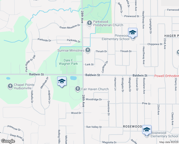 map of restaurants, bars, coffee shops, grocery stores, and more near 2761 Baldwin Street in Georgetown Township
