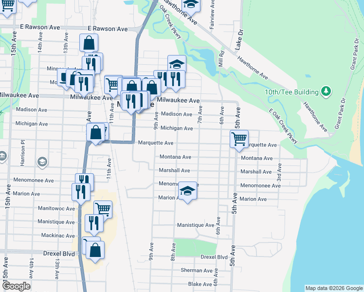 map of restaurants, bars, coffee shops, grocery stores, and more near 723 Marquette Avenue in South Milwaukee