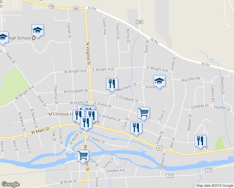 map of restaurants, bars, coffee shops, grocery stores, and more near 107 East Elizabeth Street in Waterloo
