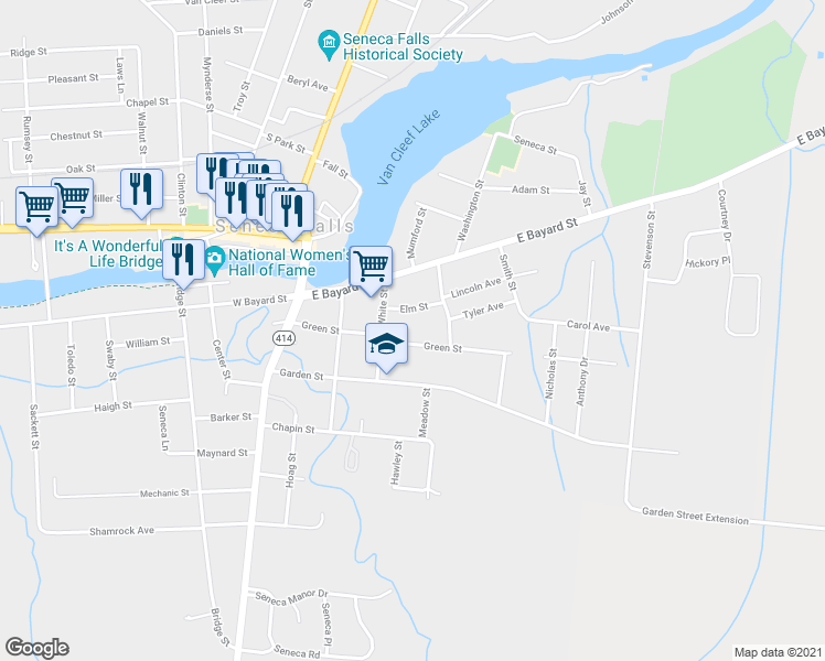 map of restaurants, bars, coffee shops, grocery stores, and more near 45 Green Street in Seneca Falls