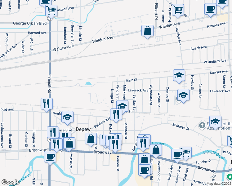 map of restaurants, bars, coffee shops, grocery stores, and more near 542 Penora Street in Depew