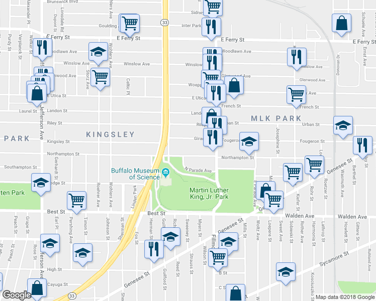 map of restaurants, bars, coffee shops, grocery stores, and more near 688 Northampton Street in Buffalo