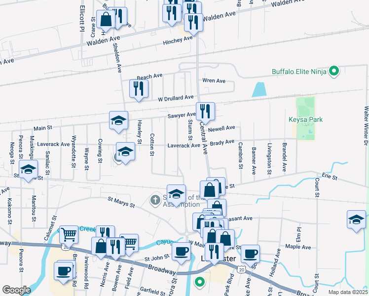 map of restaurants, bars, coffee shops, grocery stores, and more near 32 Laverack Avenue in Lancaster