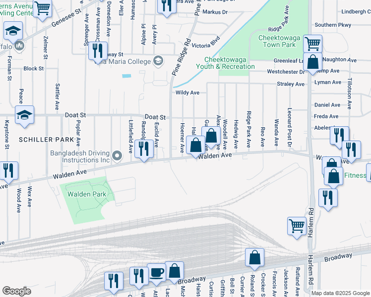 map of restaurants, bars, coffee shops, grocery stores, and more near 17 Hoerner Avenue in Buffalo