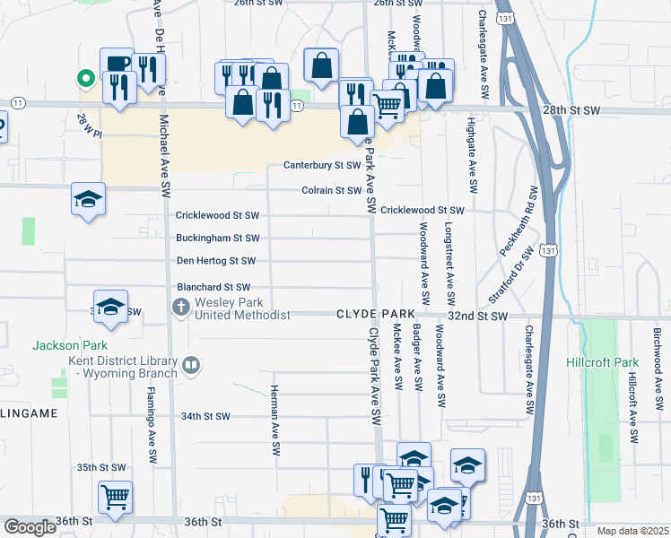 map of restaurants, bars, coffee shops, grocery stores, and more near 850 Den Hertog Street Southwest in Wyoming