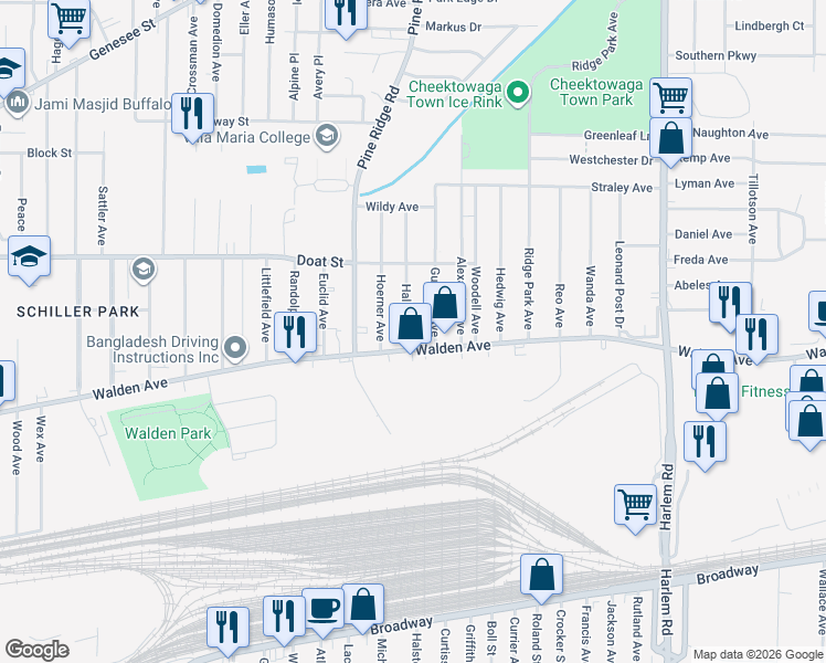 map of restaurants, bars, coffee shops, grocery stores, and more near in Cheektowaga