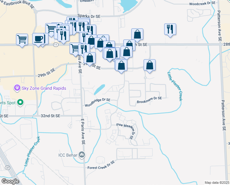 map of restaurants, bars, coffee shops, grocery stores, and more near 3027 Poplar Creek Drive Southeast in Kentwood