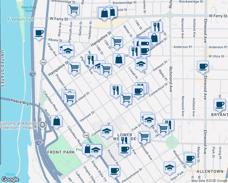 map of restaurants, bars, coffee shops, grocery stores, and more near 248 Vermont Street in Buffalo