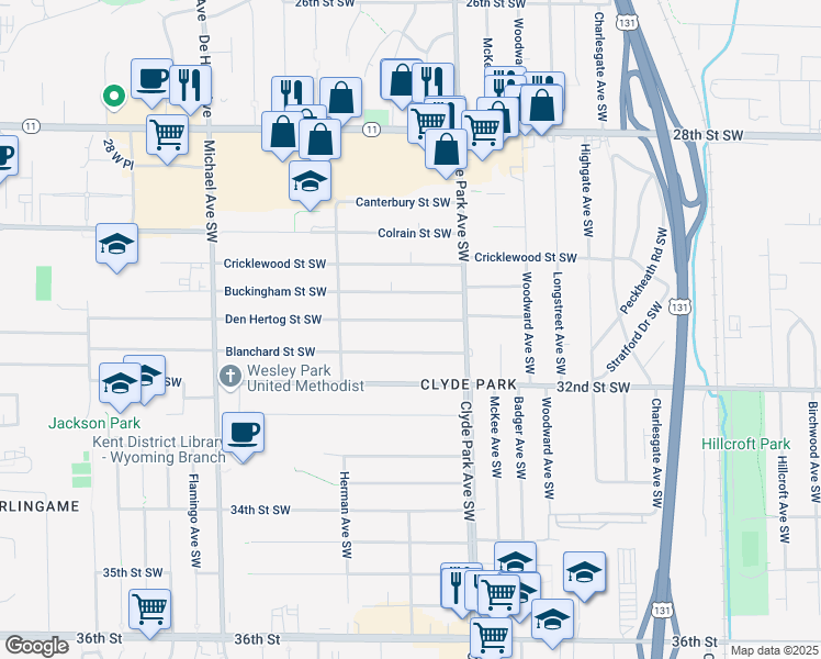 map of restaurants, bars, coffee shops, grocery stores, and more near 850 Den Hertog Street Southwest in Wyoming