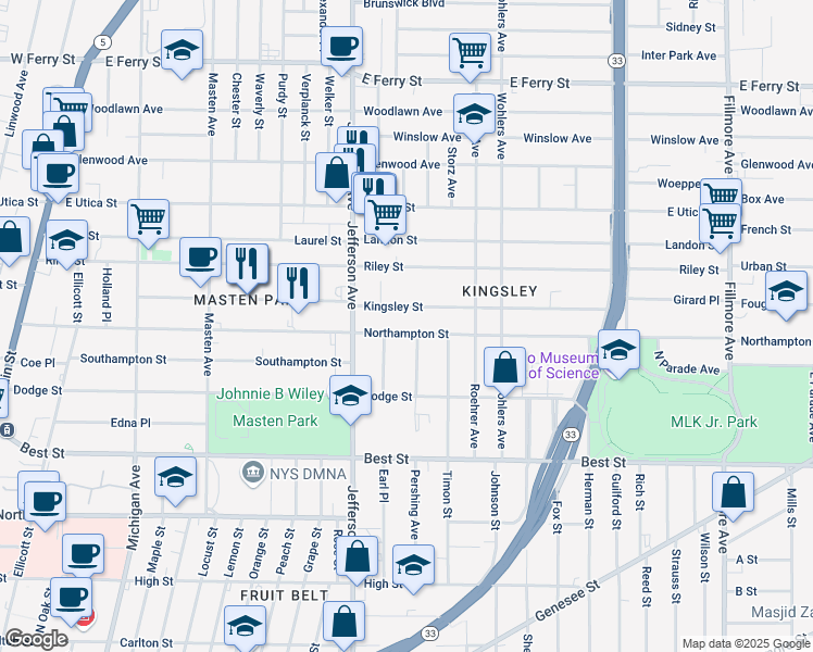 map of restaurants, bars, coffee shops, grocery stores, and more near 398 Northampton Street in Buffalo