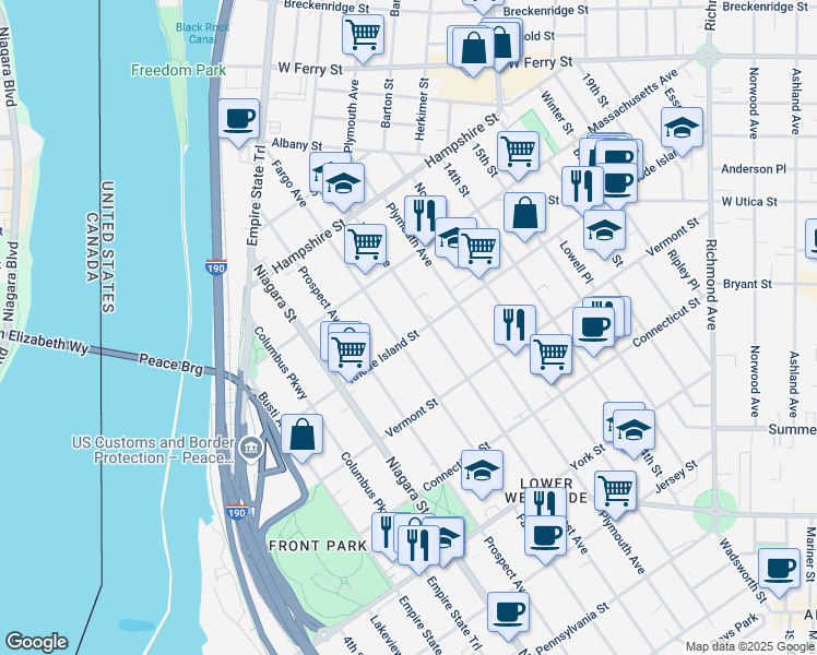 map of restaurants, bars, coffee shops, grocery stores, and more near 164 Rhode Island Street in Buffalo