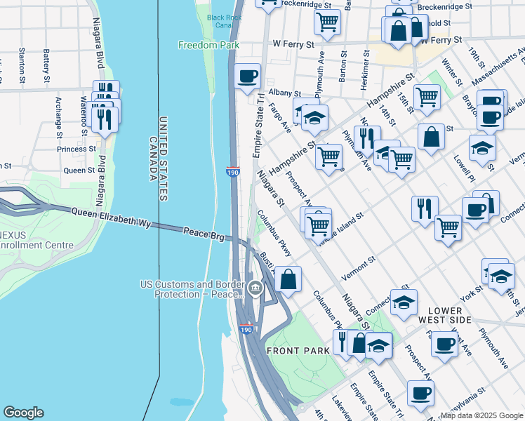 map of restaurants, bars, coffee shops, grocery stores, and more near 907 Columbus Parkway in Buffalo