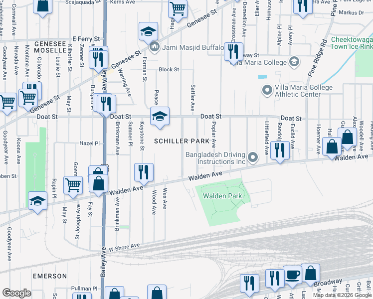 map of restaurants, bars, coffee shops, grocery stores, and more near in Buffalo