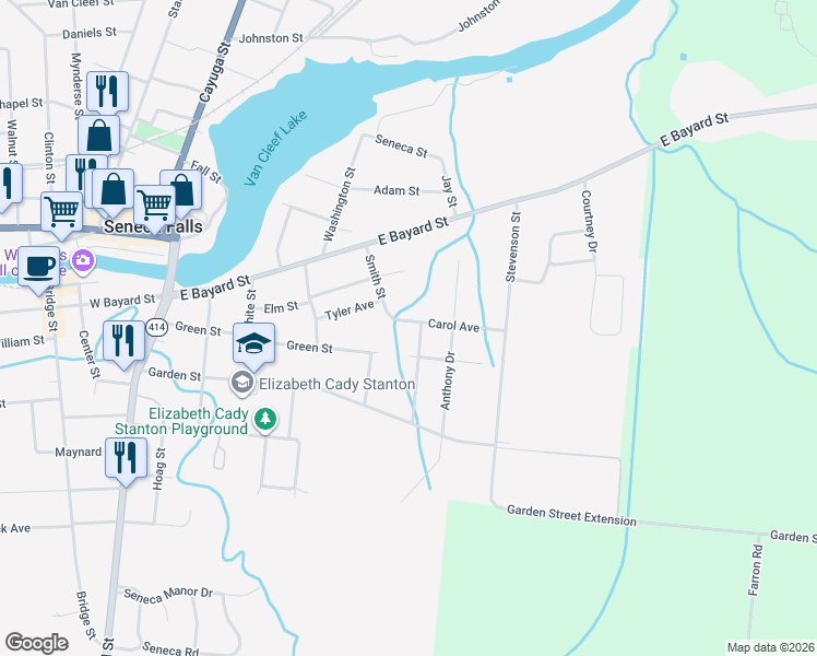 map of restaurants, bars, coffee shops, grocery stores, and more near 16 Carol Avenue in Seneca Falls