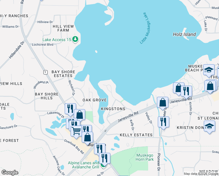 map of restaurants, bars, coffee shops, grocery stores, and more near W186S7547 Kingston Drive in Muskego