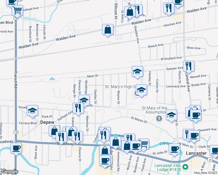 map of restaurants, bars, coffee shops, grocery stores, and more near 65 Wyandotte Street in Depew