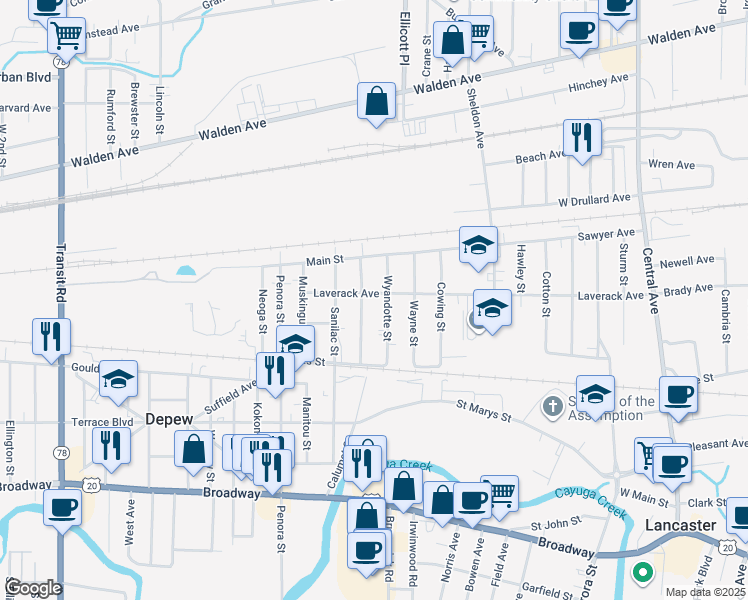 map of restaurants, bars, coffee shops, grocery stores, and more near 218 Calumet Street in Depew