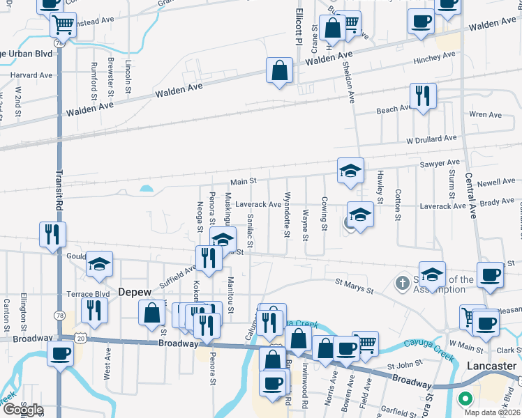 map of restaurants, bars, coffee shops, grocery stores, and more near 218 Calumet Street in Depew