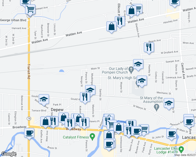 map of restaurants, bars, coffee shops, grocery stores, and more near 176 Sanilac Street in Depew