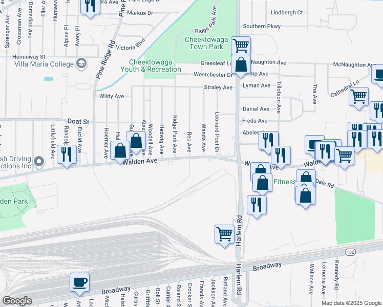 map of restaurants, bars, coffee shops, grocery stores, and more near 1320 Walden Avenue in Buffalo