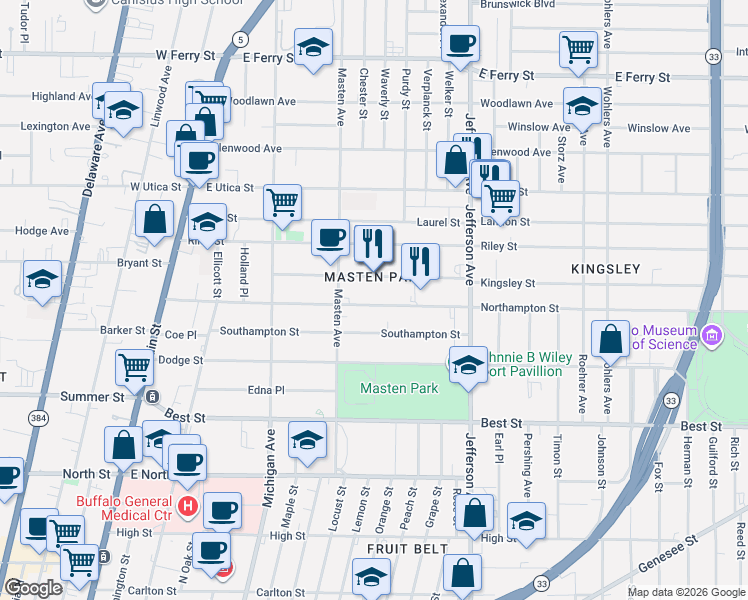 map of restaurants, bars, coffee shops, grocery stores, and more near 235 Northampton Street in Buffalo
