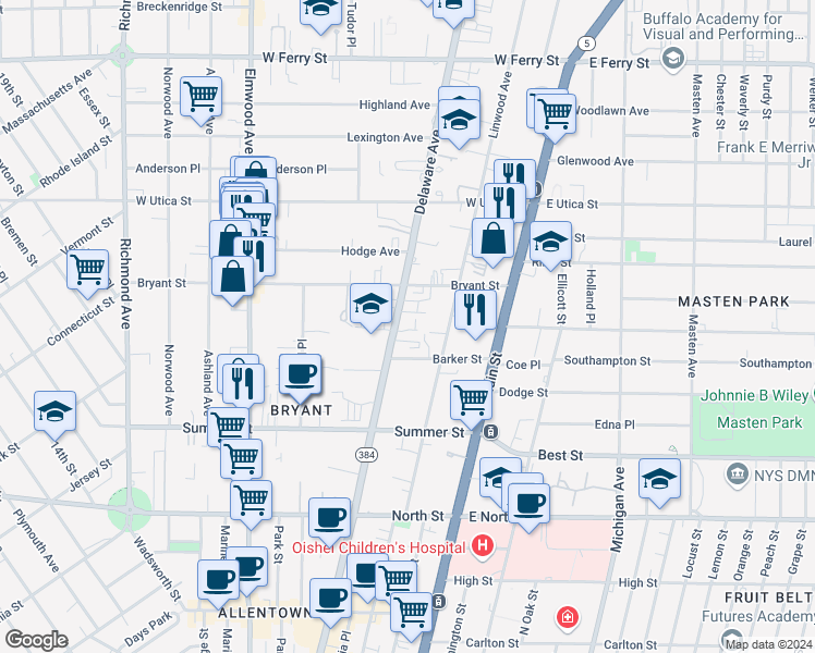 map of restaurants, bars, coffee shops, grocery stores, and more near 848 Delaware Avenue in Buffalo
