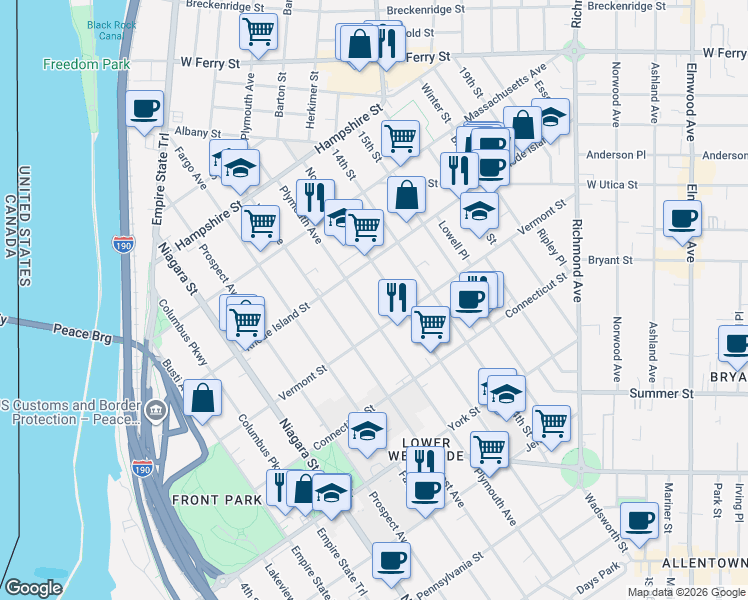 map of restaurants, bars, coffee shops, grocery stores, and more near in Buffalo