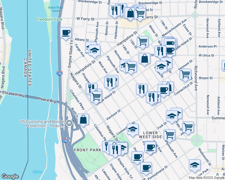 map of restaurants, bars, coffee shops, grocery stores, and more near 164 Rhode Island Street in Buffalo
