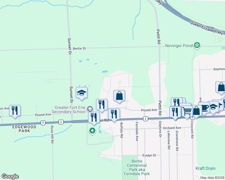 map of restaurants, bars, coffee shops, grocery stores, and more near 1174 Green Acres Drive in Fort Erie