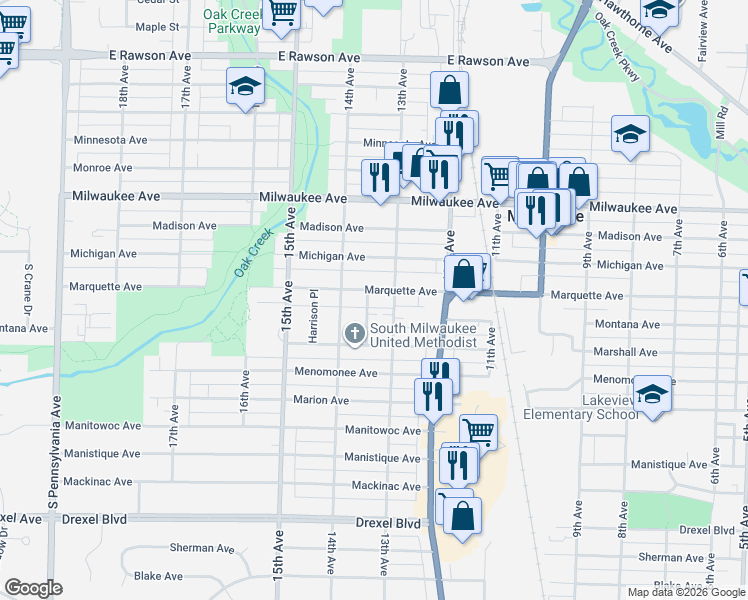 map of restaurants, bars, coffee shops, grocery stores, and more near 2412 Cleveland Place in South Milwaukee