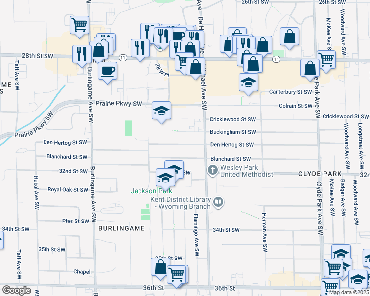 map of restaurants, bars, coffee shops, grocery stores, and more near 1272 Den Hertog Street Southwest in Wyoming