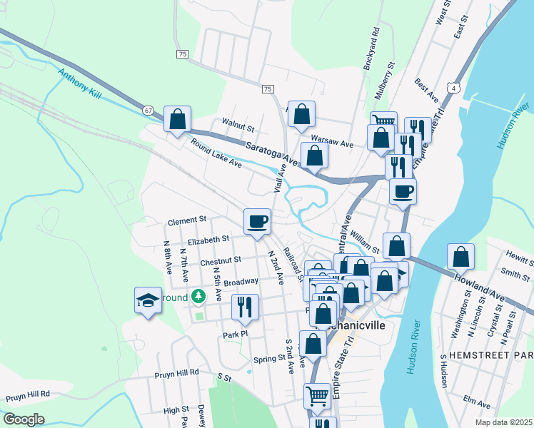 map of restaurants, bars, coffee shops, grocery stores, and more near 12 Viall Avenue in Mechanicville
