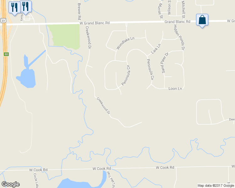 map of restaurants, bars, coffee shops, grocery stores, and more near 8258 Hidden Cove Court in Grand Blanc