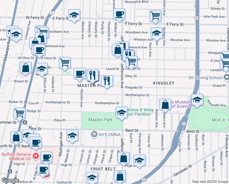 map of restaurants, bars, coffee shops, grocery stores, and more near 318 Northampton Street in Buffalo