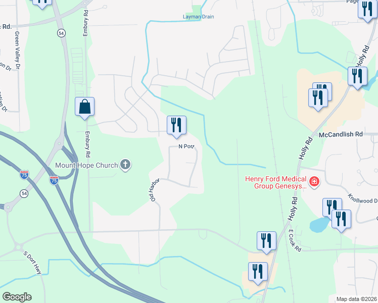 map of restaurants, bars, coffee shops, grocery stores, and more near 8194 North Port in Grand Blanc