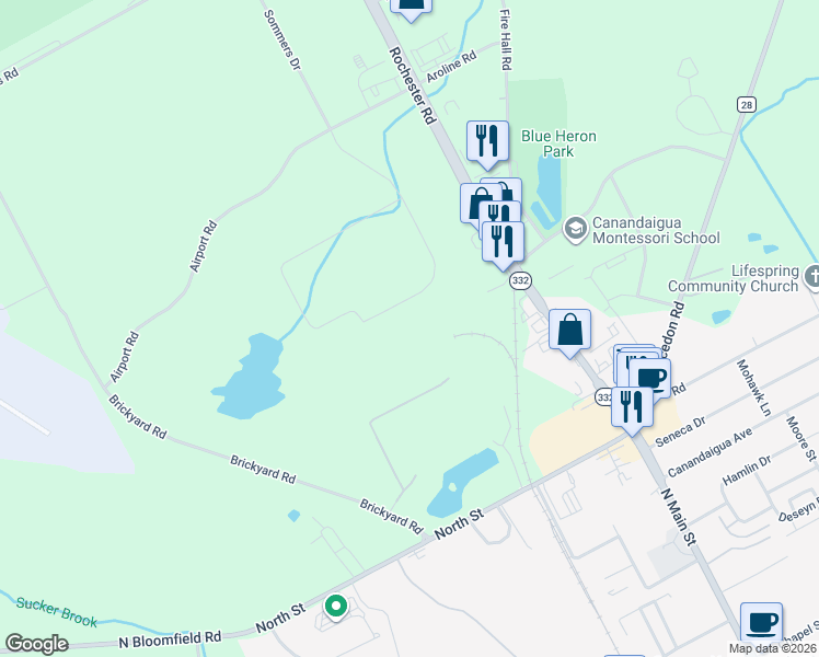 map of restaurants, bars, coffee shops, grocery stores, and more near 2471 Brickyard Road in Canandaigua