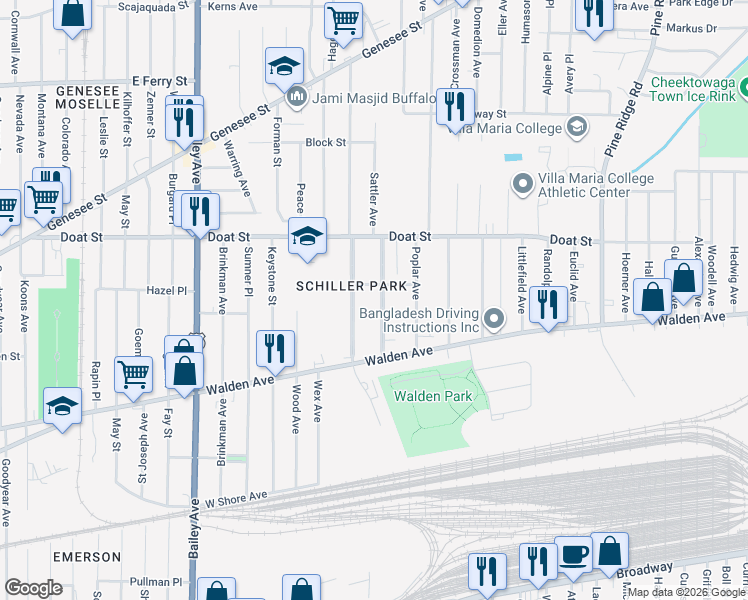 map of restaurants, bars, coffee shops, grocery stores, and more near 53 Academy Road in Buffalo