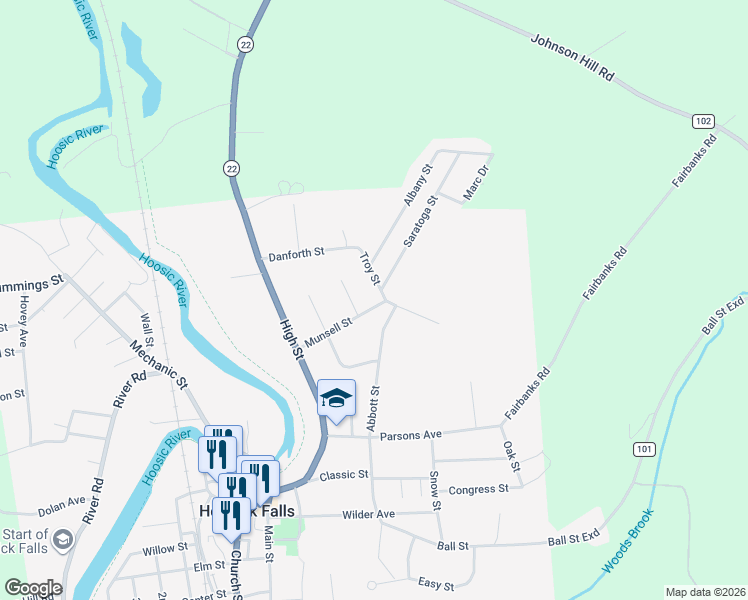 map of restaurants, bars, coffee shops, grocery stores, and more near 39 Munsell Street in Hoosick Falls