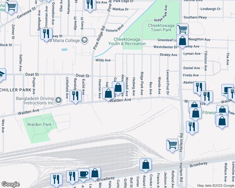map of restaurants, bars, coffee shops, grocery stores, and more near in Cheektowaga