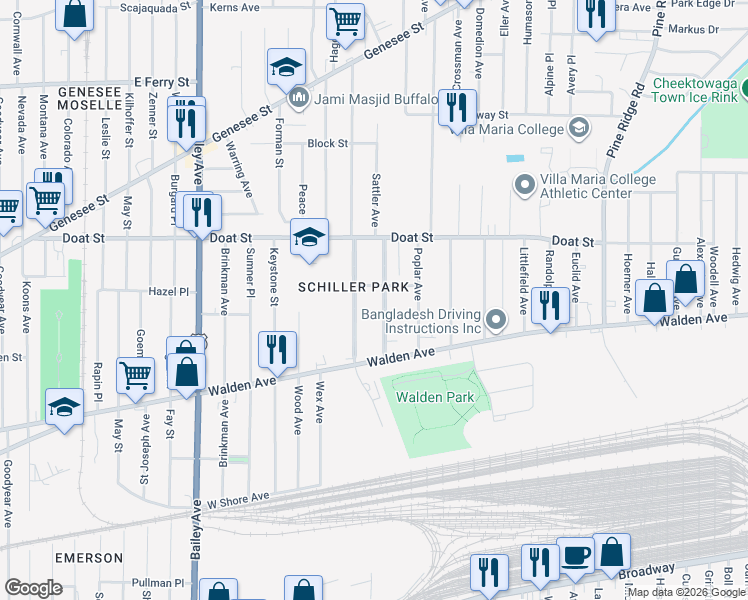 map of restaurants, bars, coffee shops, grocery stores, and more near 53 Academy Road in Buffalo