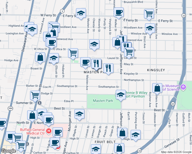 map of restaurants, bars, coffee shops, grocery stores, and more near 235 Northampton Street in Buffalo