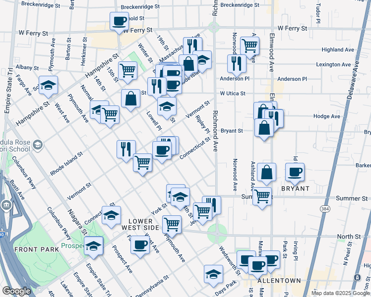 map of restaurants, bars, coffee shops, grocery stores, and more near 454 Connecticut Street in Buffalo