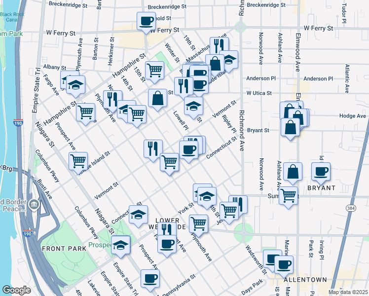 map of restaurants, bars, coffee shops, grocery stores, and more near 98 15th Street in Buffalo
