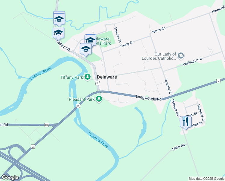 map of restaurants, bars, coffee shops, grocery stores, and more near 11543 Longwoods Road in Delaware