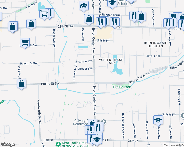 map of restaurants, bars, coffee shops, grocery stores, and more near 3125 Byron Center Avenue Southwest in Wyoming