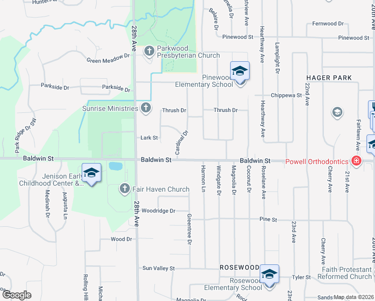 map of restaurants, bars, coffee shops, grocery stores, and more near 2651 Baldwin Street in Georgetown Township
