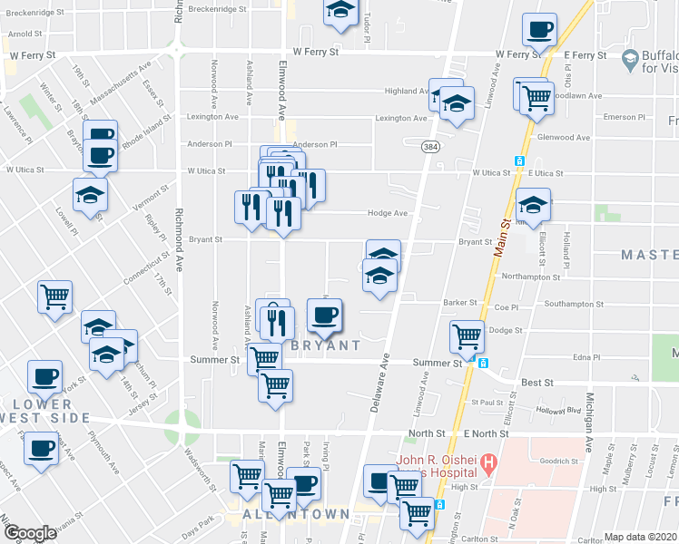 map of restaurants, bars, coffee shops, grocery stores, and more near 107 Oakland Place in Buffalo