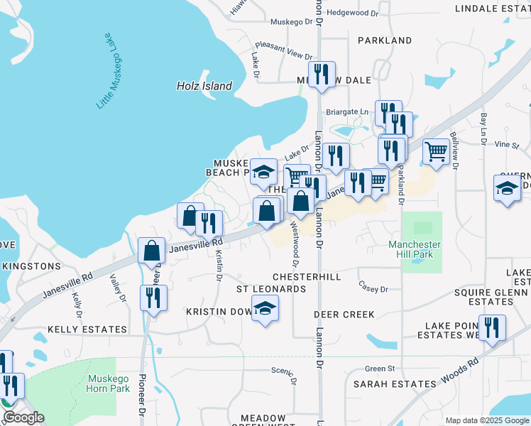map of restaurants, bars, coffee shops, grocery stores, and more near 17476 Janesville Road in Muskego